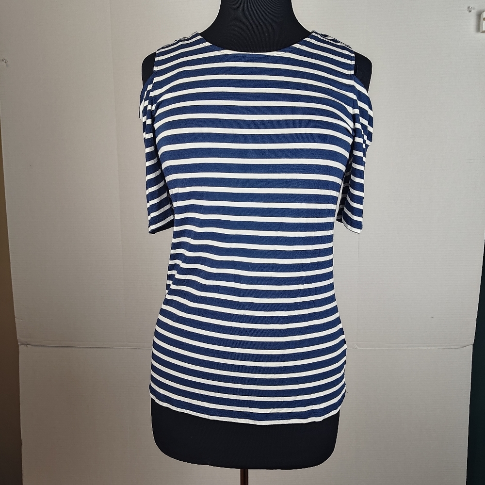 Vince Camuto Navy and White Stripes Cold Shoulder Key Hole Top